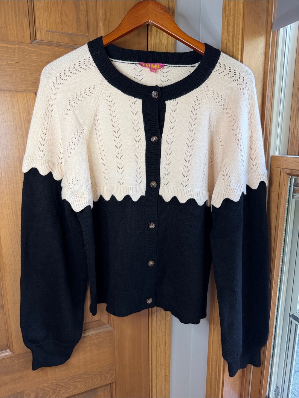 THML Corinne Scallop Colorblock Pointelle Knit Button Up Cardigan Sweater Sz L
